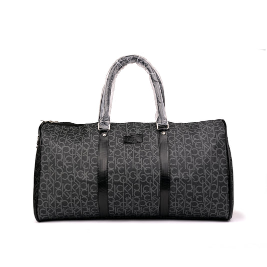 Calvin Klein black mononm monogram print travel duffel bag features a structured silhouette with top carry handles and an all-over CK logo pattern 50x30x25cm unisex (grey)