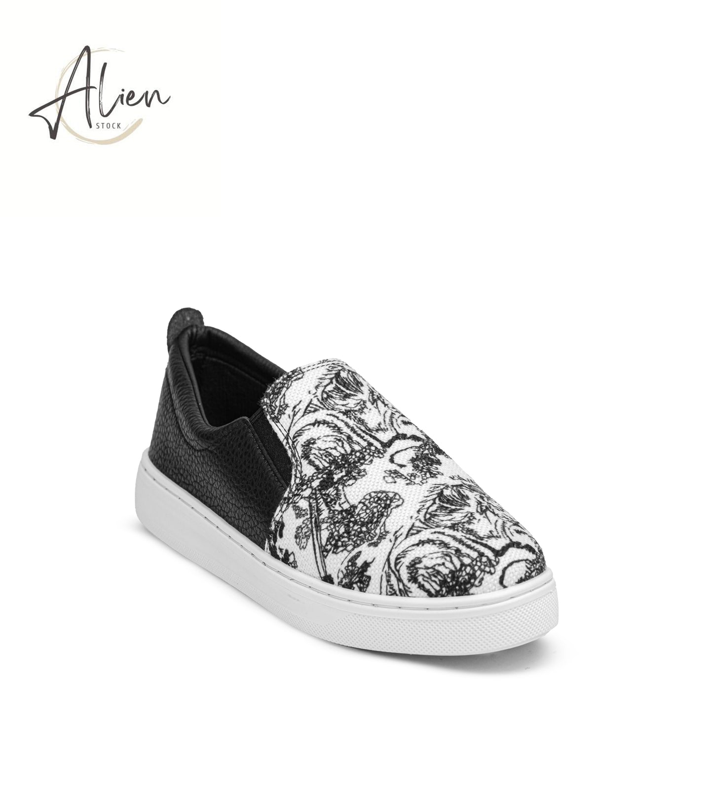 SLIP-ON CANVAS SHOES PRINTED CASUAL BLACK-BEIGE WOMEN