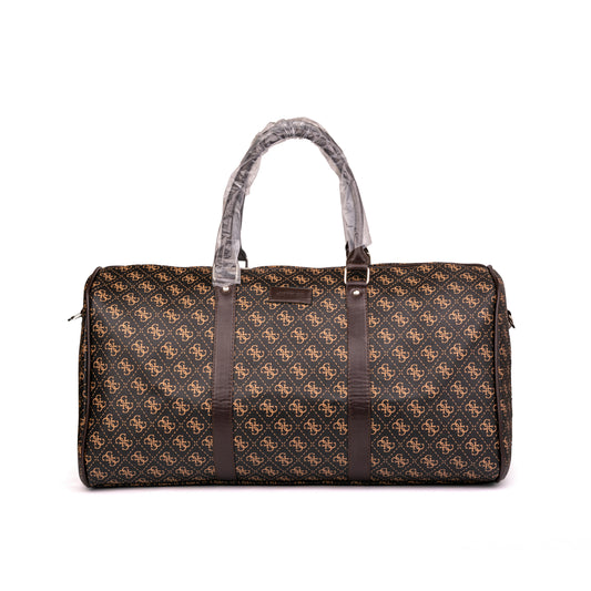GUESS Vezzola Smart Weekender in Brown/Ochre is a stylish faux-leather travel duffel featuring the brand's signature Quattro G logo print, dual carry handles, and a detachable shoulder strap 50x30x25cm unisex