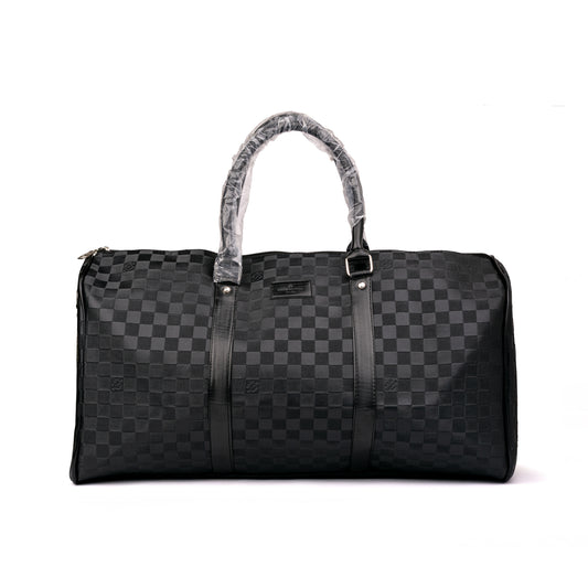 Louis Vuitton duffle bag features a classic dark geometric pattern and dual carrying handles wrapped in protective plastic 50x30x25cm Unisex (black)