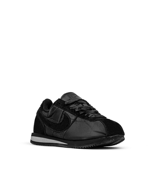 Cortez Textile Satin "Triple Black" sneakers feature a sleek, tonal satin upper paired with suede overlays and satin