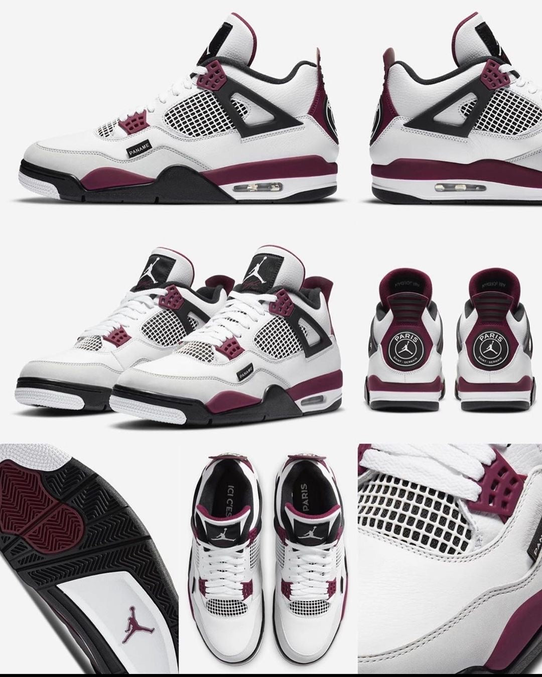 Air Jordan 4 Retro 'Paris Saint-Germain' featuring a distinctive circular PSG crest on the maroon-and-white heel tab