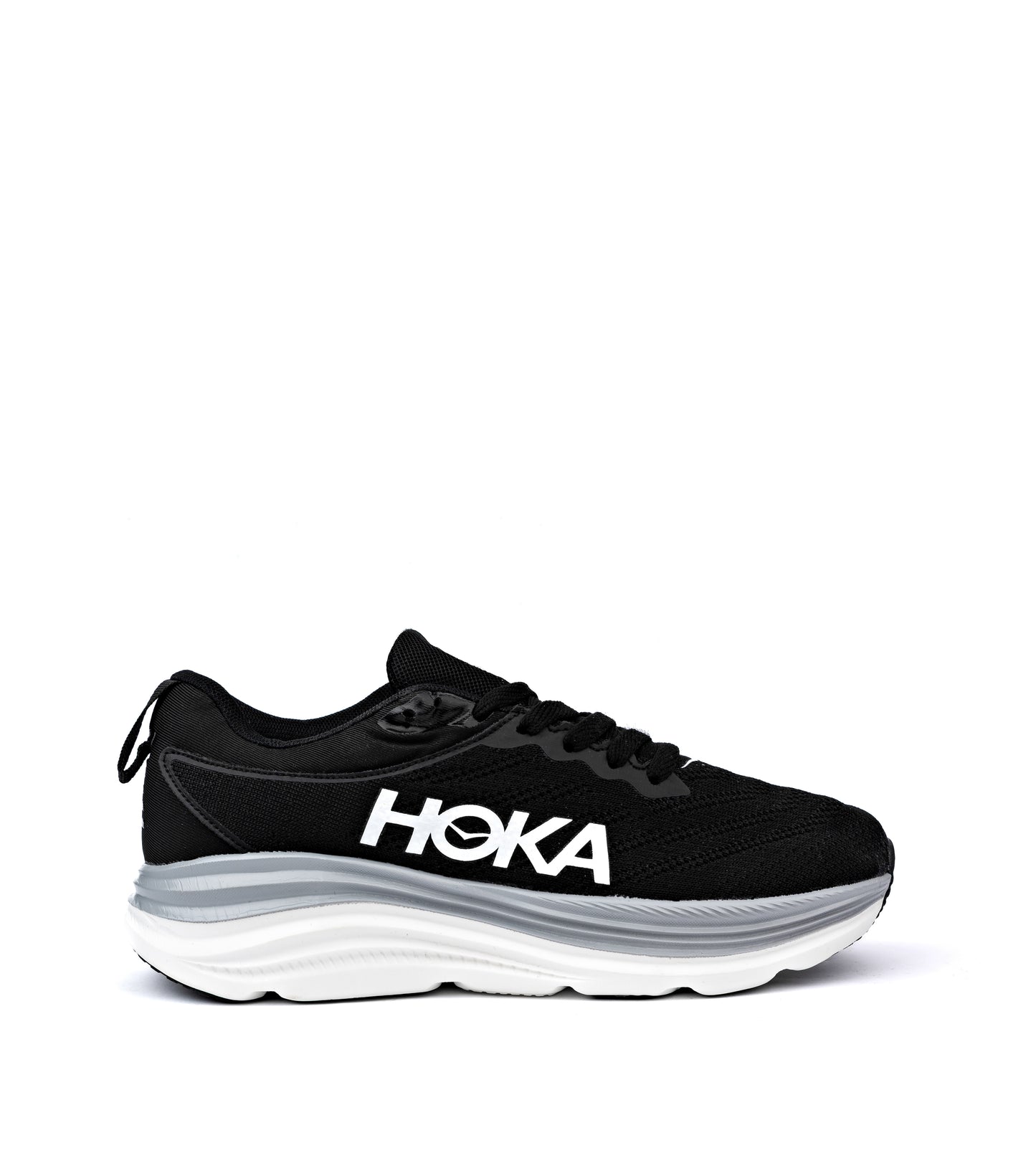 HOKA Bondi 8 running shoe in black with a white and gray sole