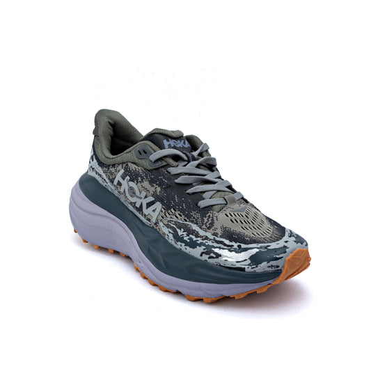 HOKA Stinson 7 trail running shoe in the Satellite Grey/Varsity Navy