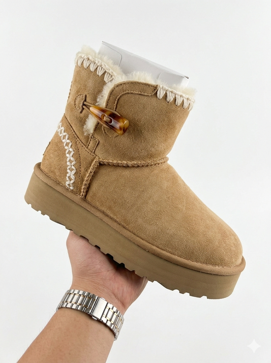 UGG Classic Ultra Mini Platform boots in a chestnut-colored suede, featuring a signature sheepskin