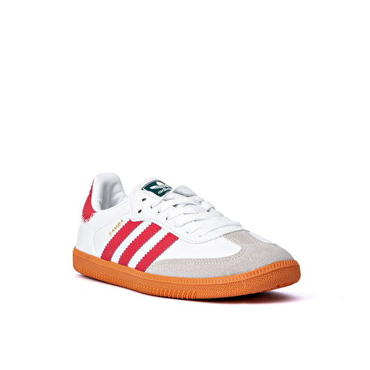 Samba OG sneakers feature a white leather upper contrasted by red stripes and a heel counter