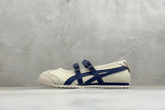 Onitsuka Tiger Mexico 66 TGRS sneakers in a cream and navy colorway with distinctive buckled straps.