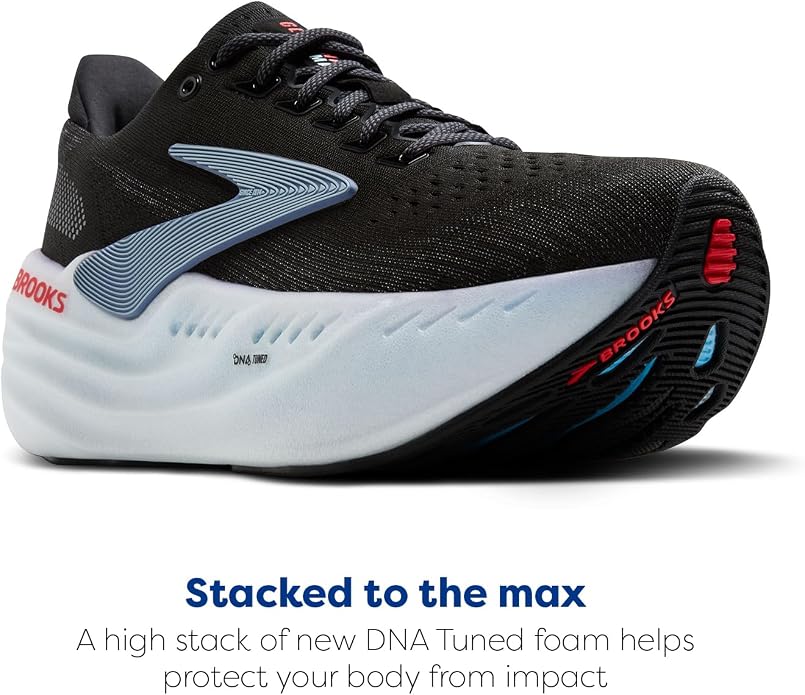 Brooks Glycerin Max neutral running shoe, highlighted by its thick, nitrogen-infused DNA Tuned midsole and Almond Peach/London Fog