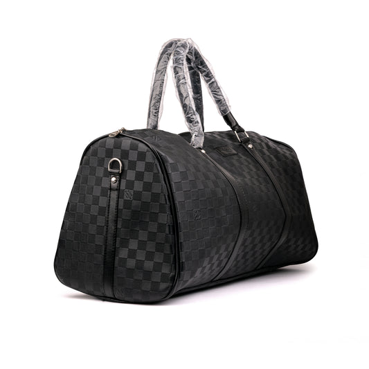 Louis Vuitton duffle bag features a classic dark geometric pattern and dual carrying handles wrapped in protective plastic 50x30x25cm Unisex (black)