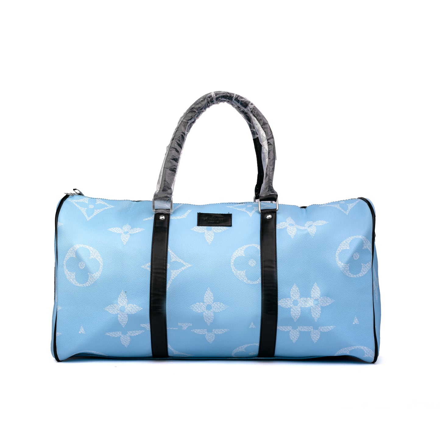 Louis Vuitton style travel duffel bag features a classic monogram pattern with contrasting dark vertical reinforcement bands and protective plastic wrapping on the top handles 50x30x25cm Unisex (blue)