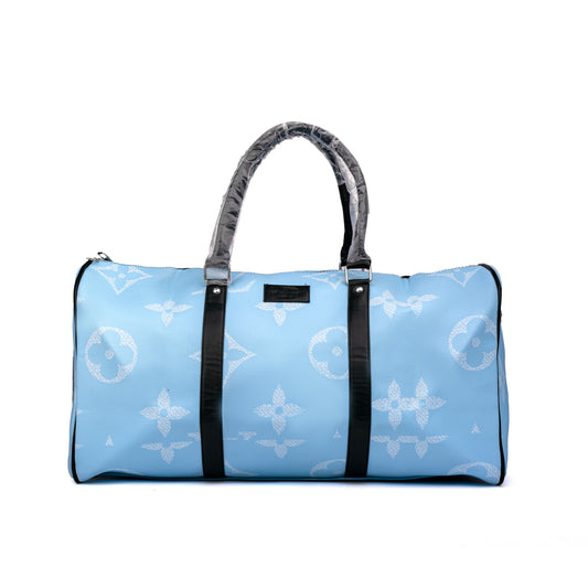 Louis Vuitton style travel duffel bag features a classic monogram pattern with contrasting dark vertical reinforcement bands and protective plastic wrapping on the top handles 50x30x25cm Unisex (blue)