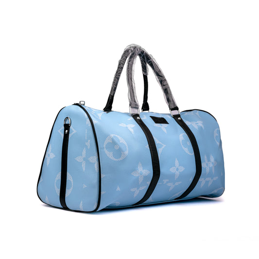 Louis Vuitton style travel duffel bag features a classic monogram pattern with contrasting dark vertical reinforcement bands and protective plastic wrapping on the top handles 50x30x25cm Unisex (blue)
