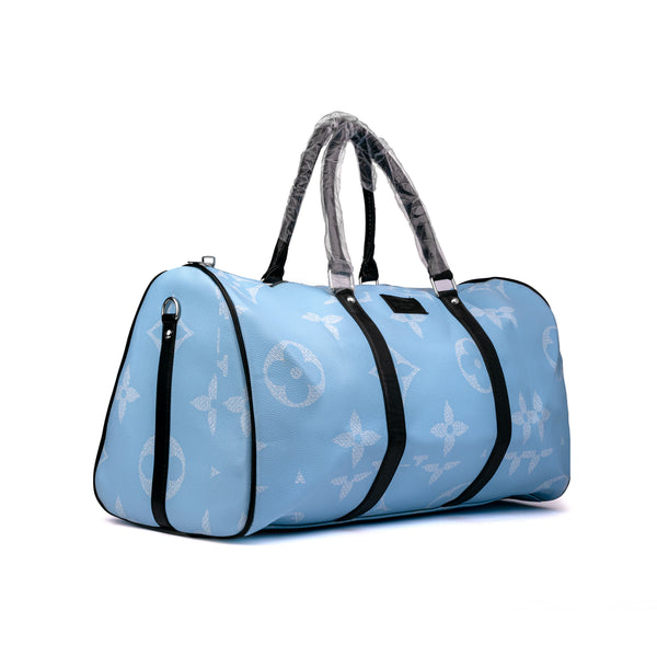 Louis Vuitton style travel duffel bag features a classic monogram pattern with contrasting dark vertical reinforcement bands and protective plastic wrapping on the top handles 50x30x25cm Unisex (blue)