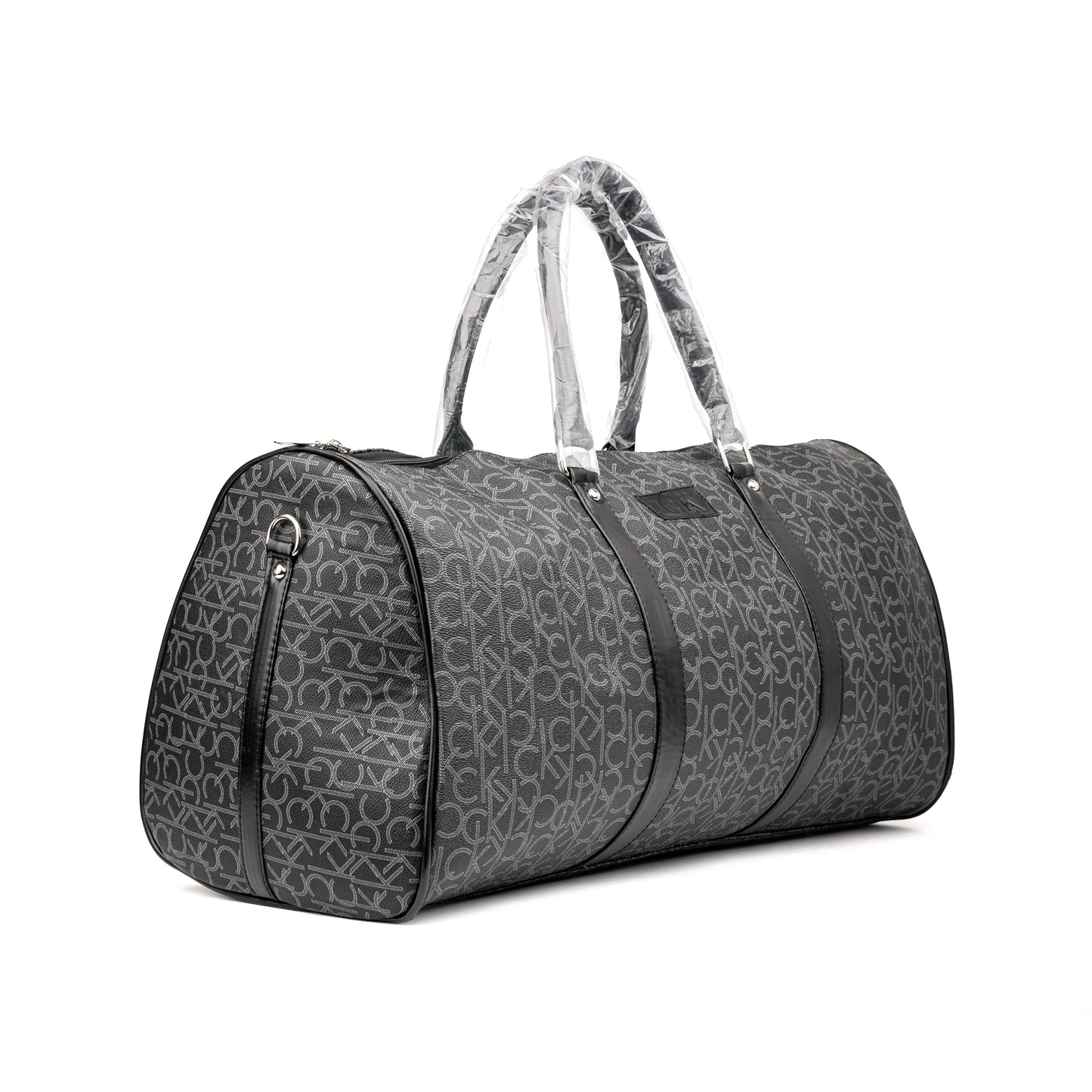 Calvin Klein black mononm monogram print travel duffel bag features a structured silhouette with top carry handles and an all-over CK logo pattern 50x30x25cm unisex (grey)