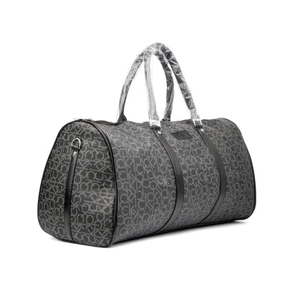 Calvin Klein black mononm monogram print travel duffel bag features a structured silhouette with top carry handles and an all-over CK logo pattern 50x30x25cm unisex (grey)