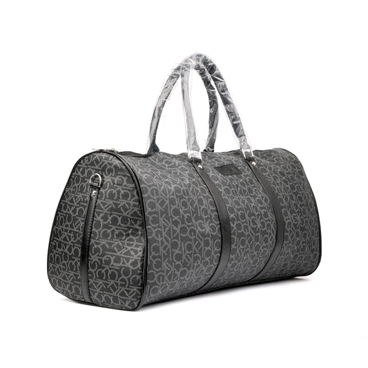 Calvin Klein black mononm monogram print travel duffel bag features a structured silhouette with top carry handles and an all-over CK logo pattern 50x30x25cm unisex (grey)