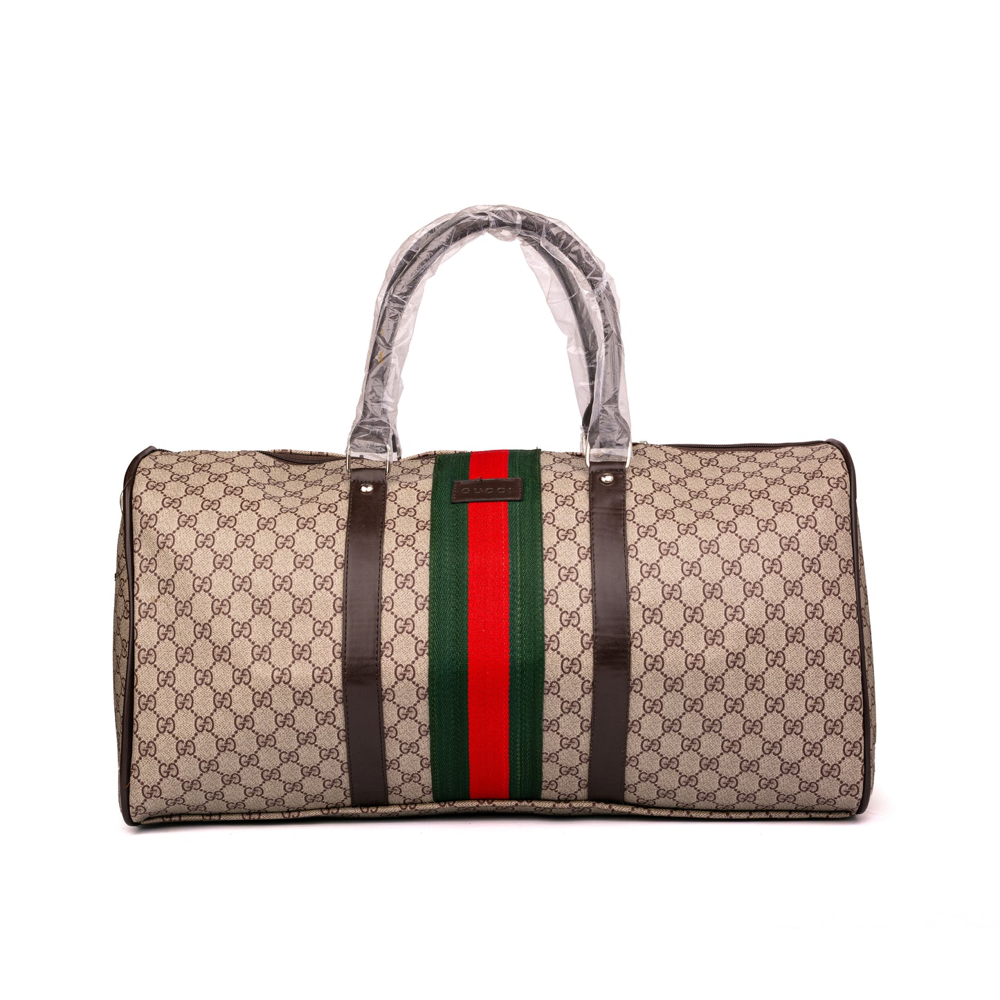 GG monogram Gucci duffel bag features the iconic green-and-red Web stripe detail down the center 50x30x25cm unisex (beige and brown)