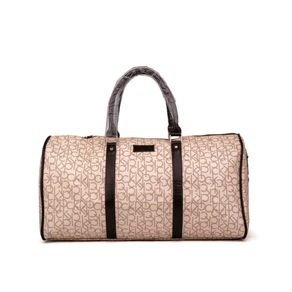 Calvin Klein monogram weekender duffle bag featuring an all-over beige CK logo print with contrasting dark vertical structural straps 50x30x25cm unisex (beige)