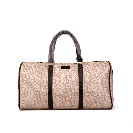 Calvin Klein monogram weekender duffle bag featuring an all-over beige CK logo print with contrasting dark vertical structural straps 50x30x25cm unisex (beige)