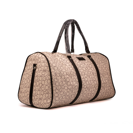 Calvin Klein monogram weekender duffle bag featuring an all-over beige CK logo print with contrasting dark vertical structural straps 50x30x25cm unisex (beige)