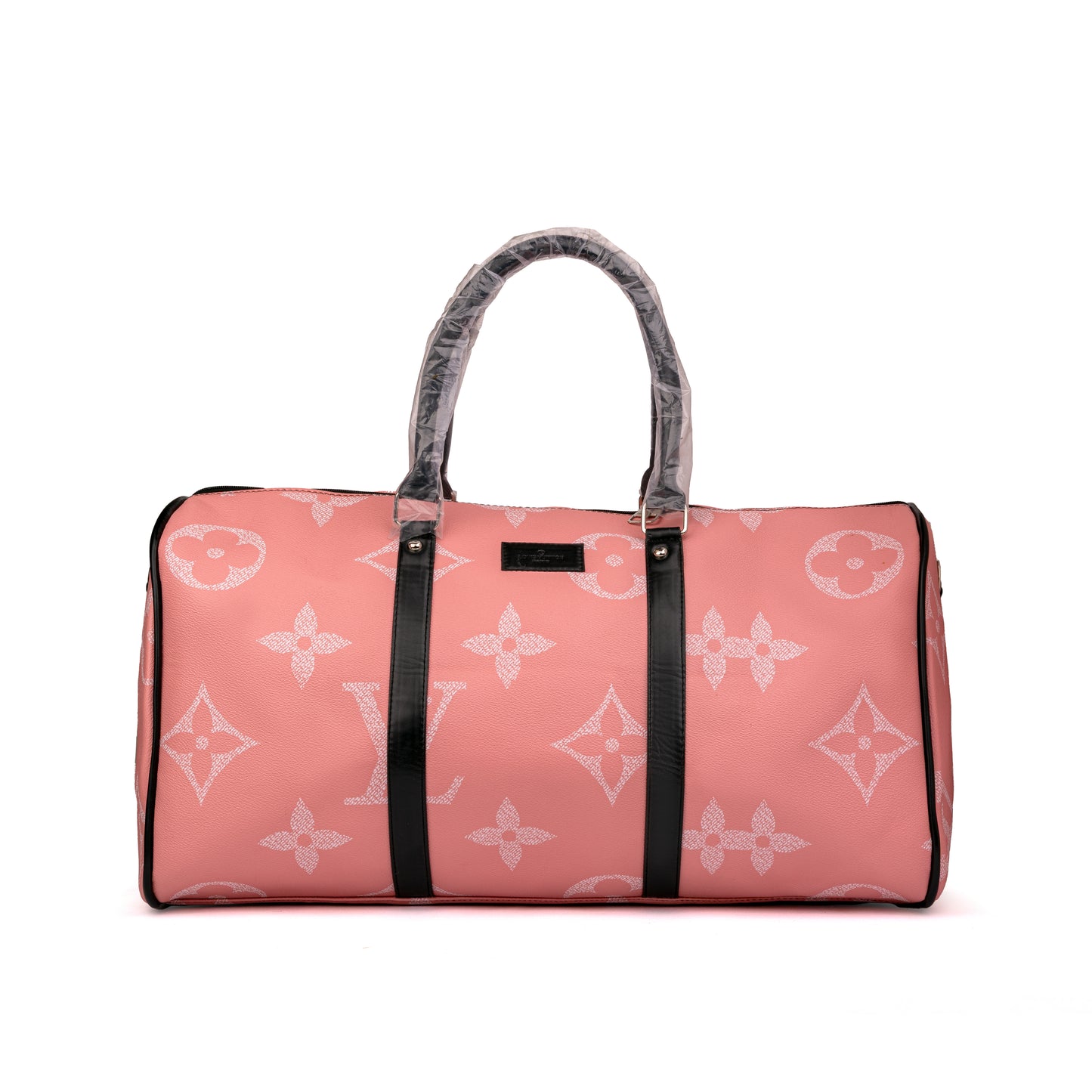 Louis Vuitton travel duffel bag features a distinct white monogram pattern and contrasting black top handles 50x30x25cm  (Salmon)