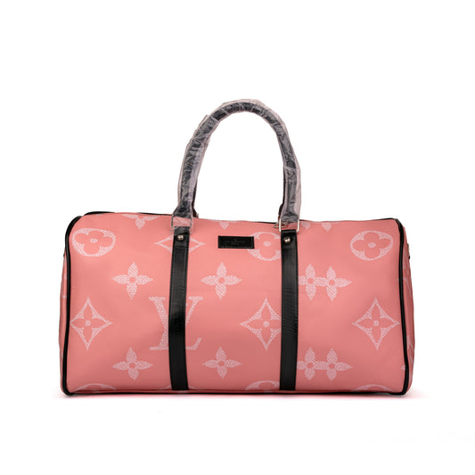 Louis Vuitton travel duffel bag features a distinct white monogram pattern and contrasting black top handles 50x30x25cm  (Salmon)