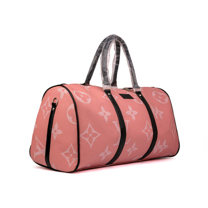 Louis Vuitton travel duffel bag features a distinct white monogram pattern and contrasting black top handles 50x30x25cm  (Salmon)