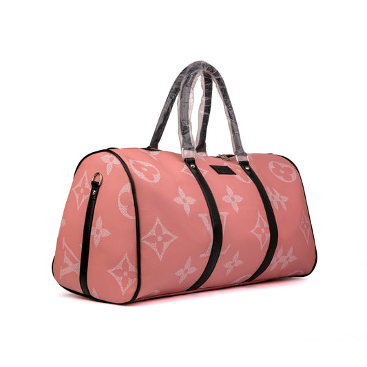Louis Vuitton travel duffel bag features a distinct white monogram pattern and contrasting black top handles 50x30x25cm  (Salmon)