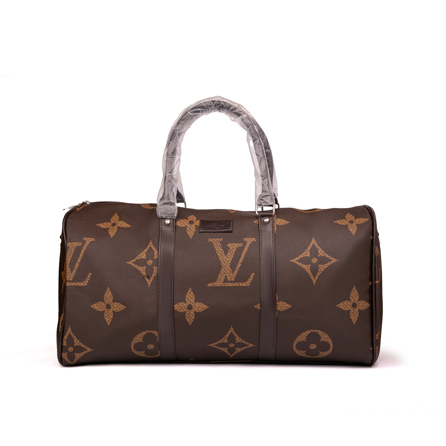 Louis Vuitton Giant/Reverse Monogram Keepall duffel bag showcases an oversized signature motif with dual top handles wrapped in protective plastic 50x30x25cm Unisex (brown)