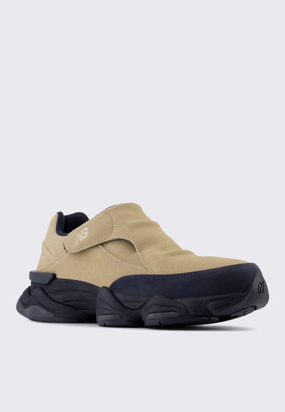 New Balance 8040 slip-on sneakers feature a suede upper in an incense and sandstone