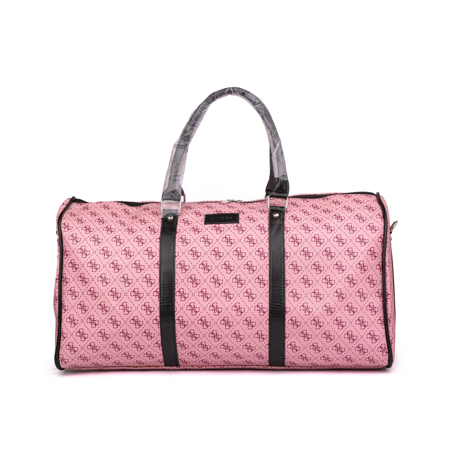 Guess 4G logo print weekender duffle bag features black faux-leather trim and dual top carrying handles 50x30x25cm