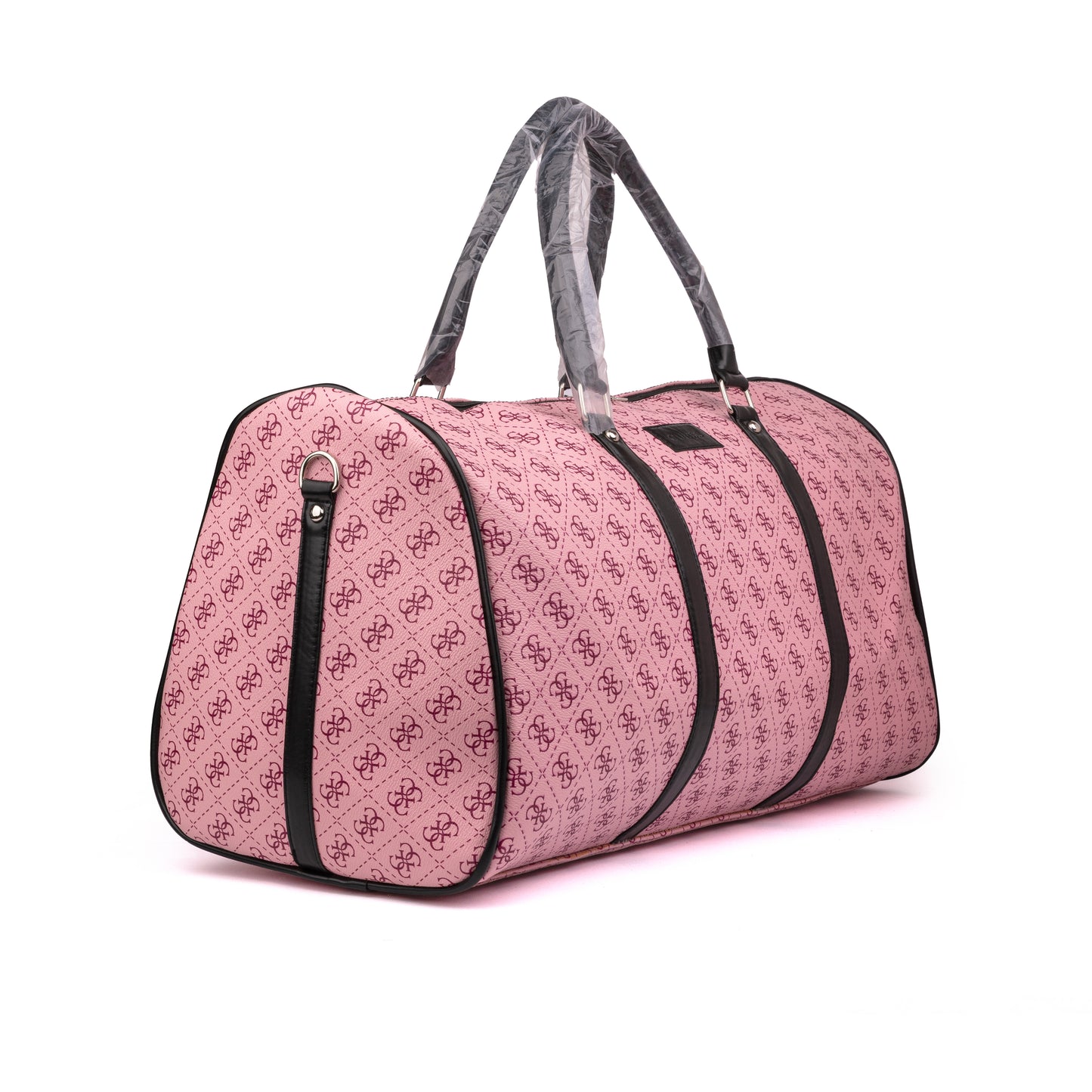 Guess 4G logo print weekender duffle bag features black faux-leather trim and dual top carrying handles 50x30x25cm