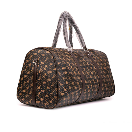 GUESS Vezzola Smart Weekender in Brown/Ochre is a stylish faux-leather travel duffel featuring the brand's signature Quattro G logo print, dual carry handles, and a detachable shoulder strap 50x30x25cm unisex