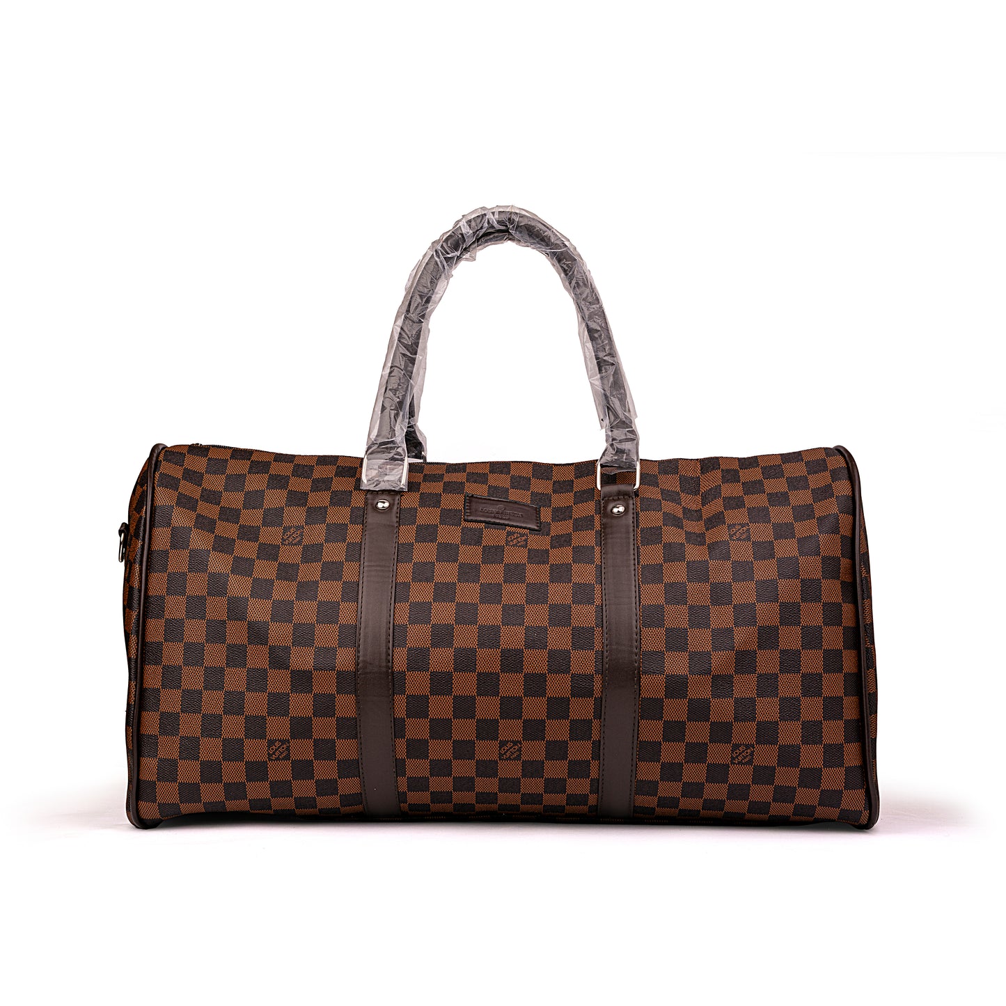 Louis Vuitton Keepall duffle bag features dark leather trim and top handles wrapped in protective plastic 50x30x25cm Unisex