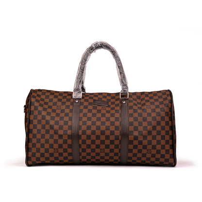 Louis Vuitton Keepall duffle bag features dark leather trim and top handles wrapped in protective plastic 50x30x25cm Unisex