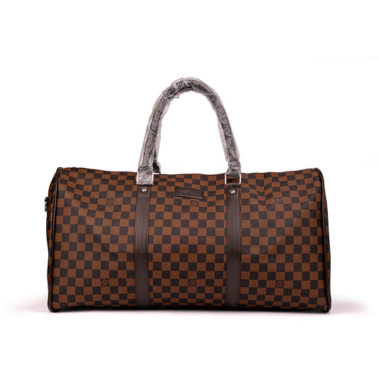Louis Vuitton Keepall duffle bag features dark leather trim and top handles wrapped in protective plastic 50x30x25cm Unisex
