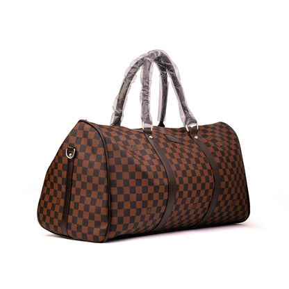 Louis Vuitton Keepall duffle bag features dark leather trim and top handles wrapped in protective plastic 50x30x25cm Unisex