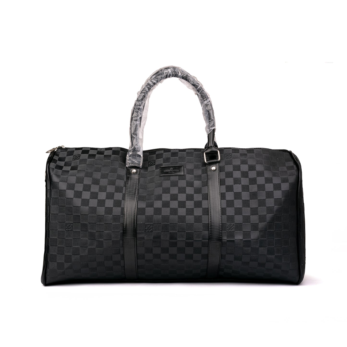 Louis Vuitton duffle bag features a classic dark geometric pattern and dual carrying handles wrapped in protective plastic 50x30x25cm Unisex (black)