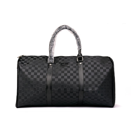 Louis Vuitton duffle bag features a classic dark geometric pattern and dual carrying handles wrapped in protective plastic 50x30x25cm Unisex (black)