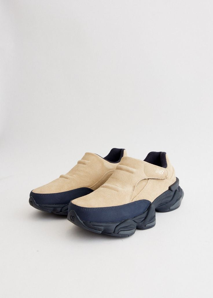 New Balance 8040 slip-on sneakers feature a suede upper in an incense and sandstone