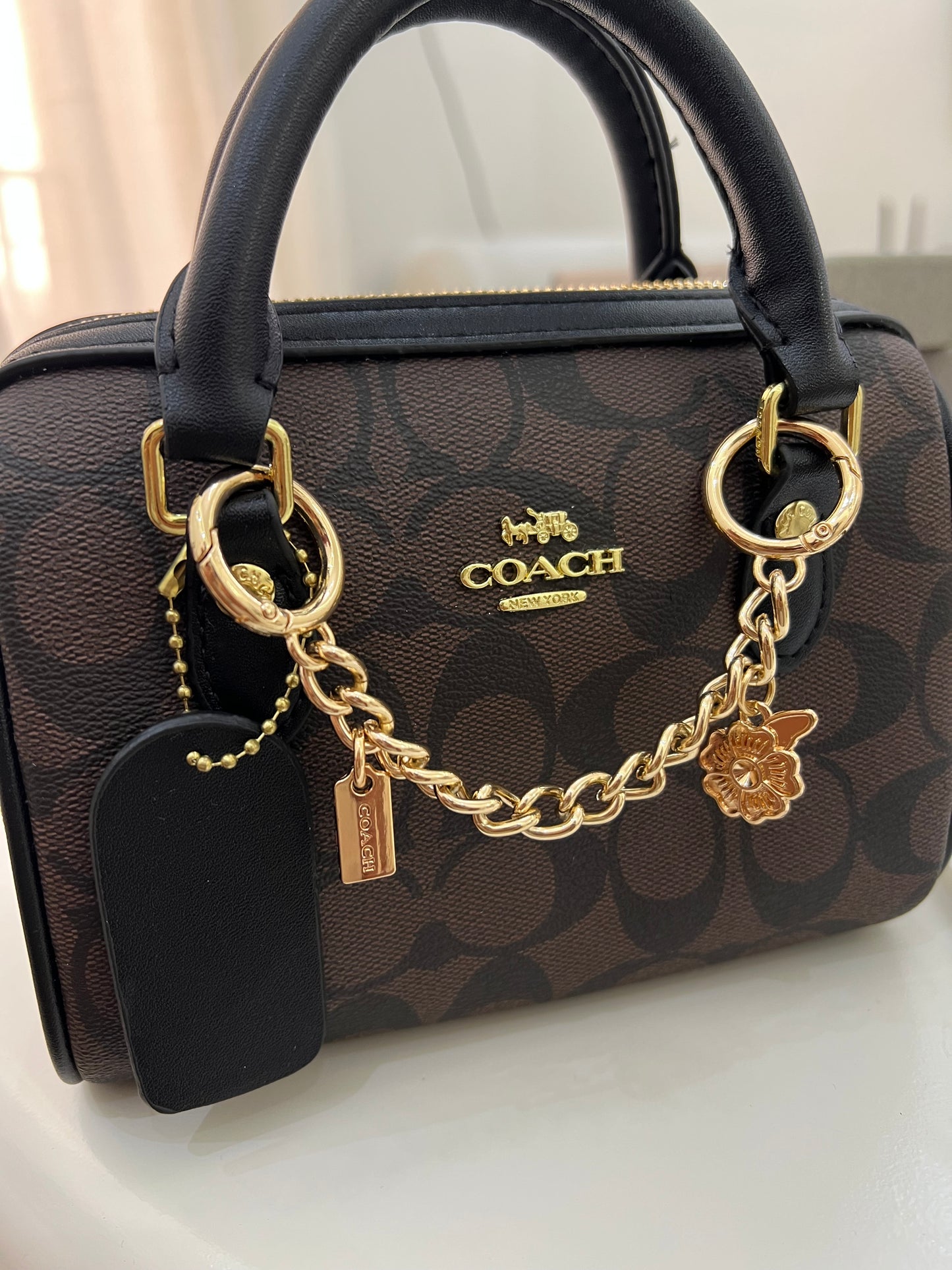 Coach Mini Rowan Crossbody Bag in Signature Canvas, detailed with a playful gold-tone chain charm strap and a structured, compact silhouette with box