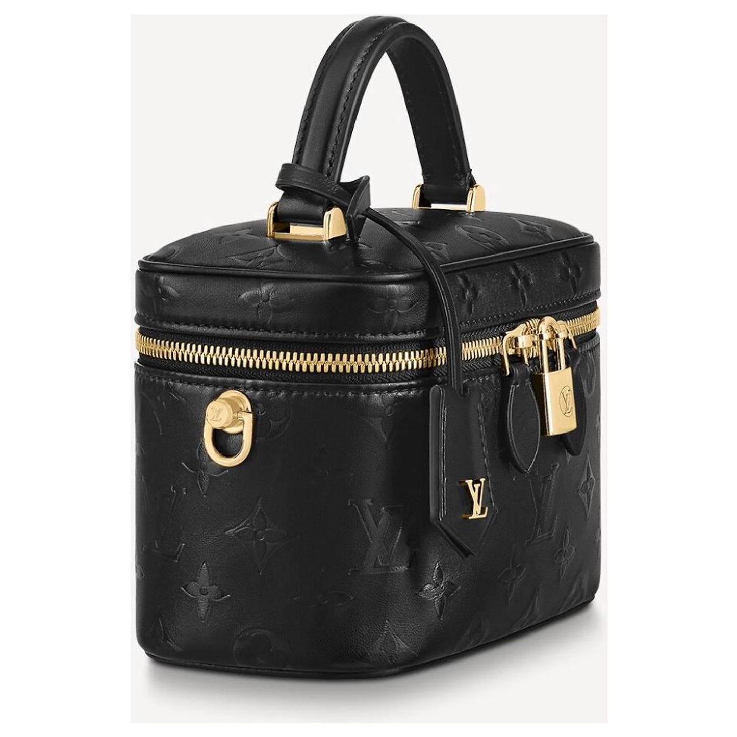 Louis Vuitton Vanity PM crafted in the iconic Monogram coated canvas with a top handle, gold-tone zipper, and a small padlock