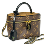 LV Vanity PM crafted in the iconic Monogram coated canvas with a top handle, gold-tone zipper, and a small padlock with box