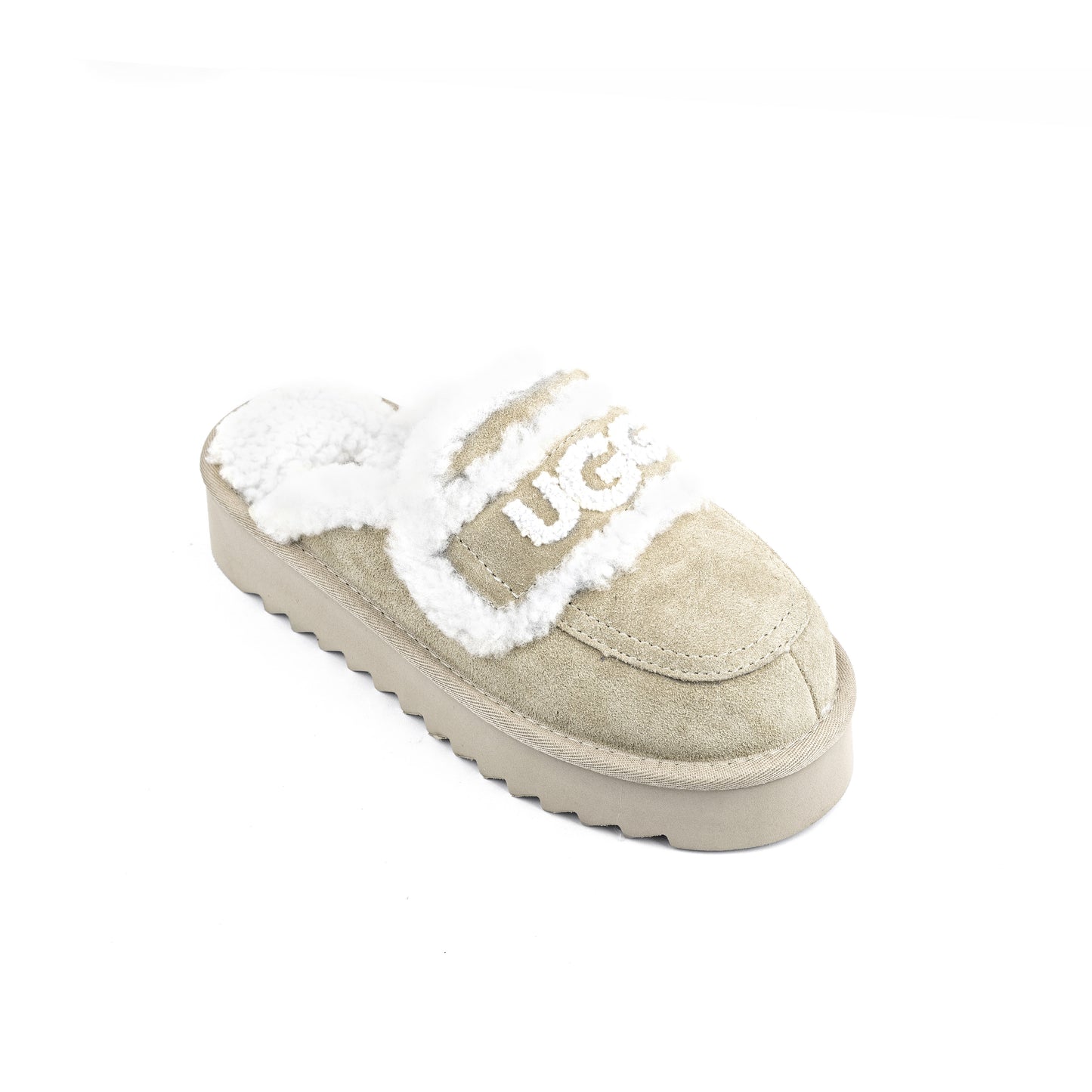 Trisha Fluffy Platform Ugg slipper in a tan/antelope brown color