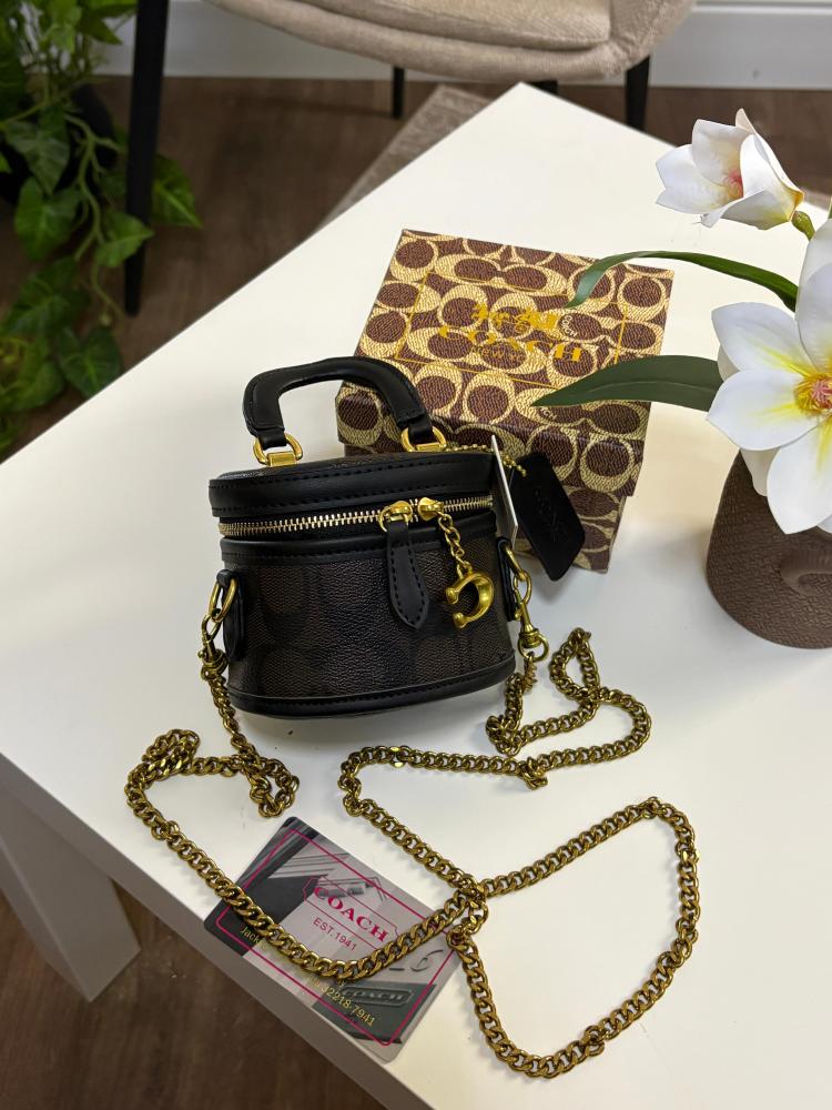 Coach Trail Crossbody 12 in signature canvas, featuring a structured vanity-style silhouette accented with a gold-tone Coach "C" zipper pull