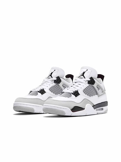 Air Jordan 4 Retro "Military Black" sneakers, highlighted by their crisp white leather upper and contrasting neutral grey mudguard