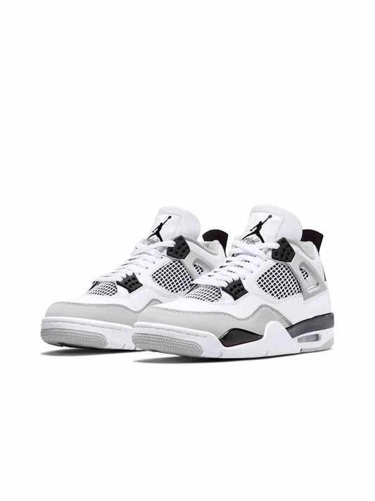 Air Jordan 4 Retro "Military Black" sneakers, highlighted by their crisp white leather upper and contrasting neutral grey mudguard