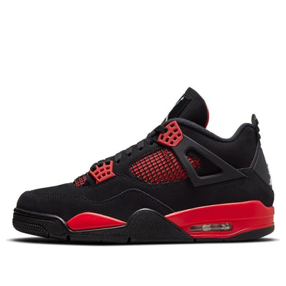 Air Jordan 4 Retro "Red Thunder" sneakers with a striking black upper and contrasting red mesh detailing