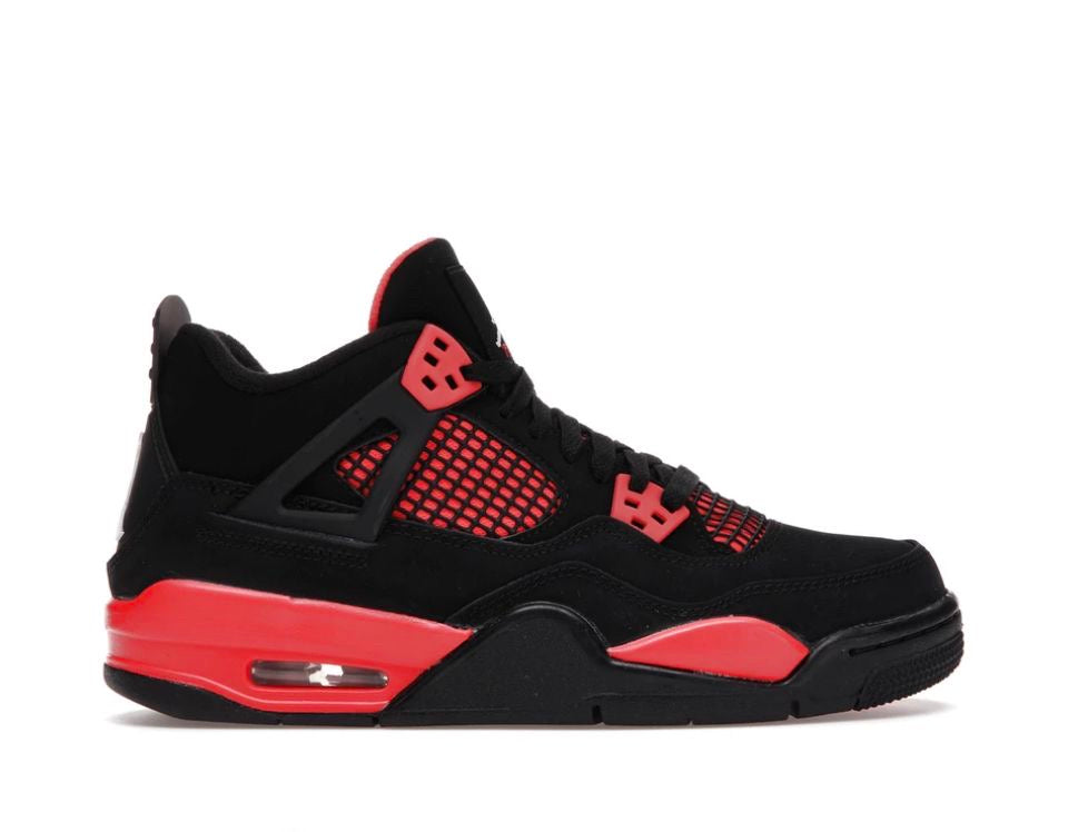Air Jordan 4 Retro "Red Thunder" sneakers with a striking black upper and contrasting red mesh detailing