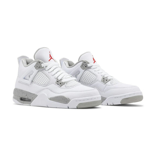 Air Jordan 4 Retro "White Oreo" sneakers featuring a white tumbled leather upper with signature speckled grey eyelets and midsole accents